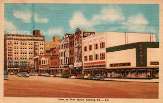 Reading Pennsylvania Penn Square Street View Vintage Cars Linen Postcard