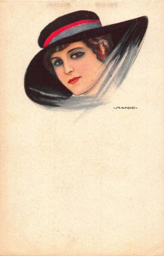 Glamour Lady,  Fancy Hat,  Signed Nanni Vintage Postcard