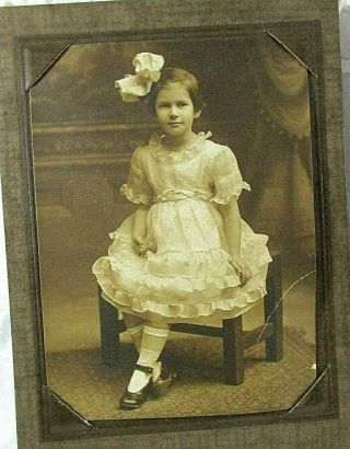 Antique Vintage Photo Cdv Girl Early 20th Century Huge Hair Bow Short Hair Dress