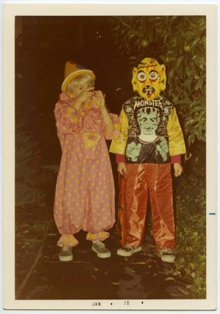 Monster & Clown Halloween 1969 Kids Costumes Mask Night Vintage Snapshot Photo