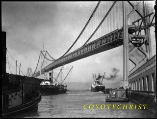 1930s Photo Negative San Francisco Oakland Bay Bridge Under Construction Ships