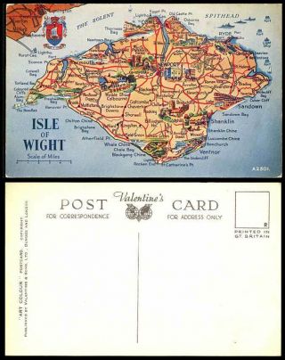Isle Of Wight Map Old Postcard The Solent Spithead Ryde Sandown Newport Shanklin