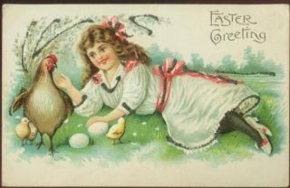 011221 Vintage Easter Postcard Girl In Grass With Eggs Hen And Chicks Embossed