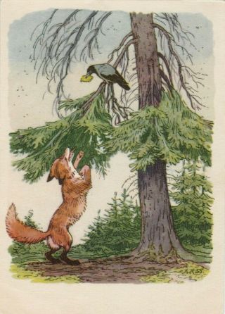 1956 Laptev Fable Crow And Red Fox Animals Art Bird Old Ussr Russian Postcard