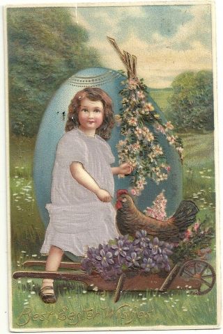 Postcard Easter Girl Egg Wheelbarrow Flowers Chicken 1909