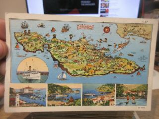 Vintage Old Postcard California Catalina Island Map Casino Ship Boats Roads Bay