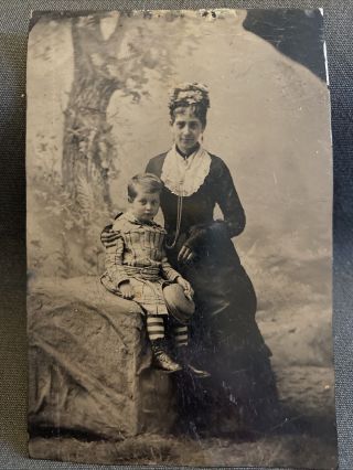 Lovely Mother And Son Full Length Antique Tintype Photo 1880s
