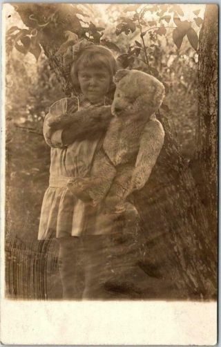Vintage Rppc Real Photo Postcard Little Girl W/ Large Teddy Bear C1910s