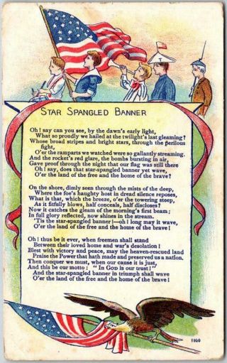 Vintage 1914 Patriotic Postcard " The Star Spangled Banner " Song Lyrics Linen