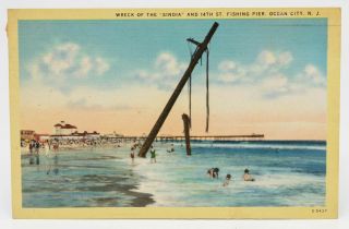 Vintage Postcard 1942 Ocean City Nj Sindia Wreck 14th St.  People Swimming Water
