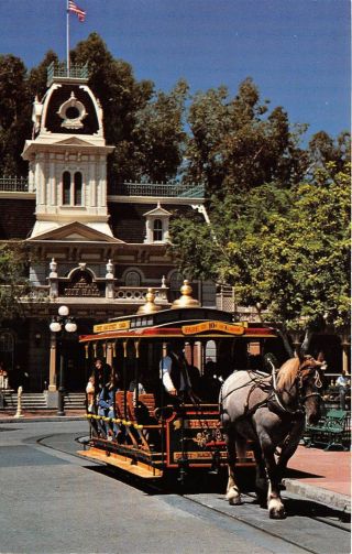 Disneyland Postcard Old Dobbin Horse - Drawn Streetcar City Hall Trolley