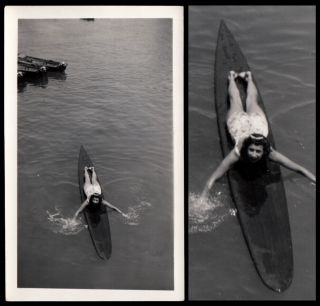 Long Board Surfboard Woman Wades In Water At Catalina 1940s Vintage Photo