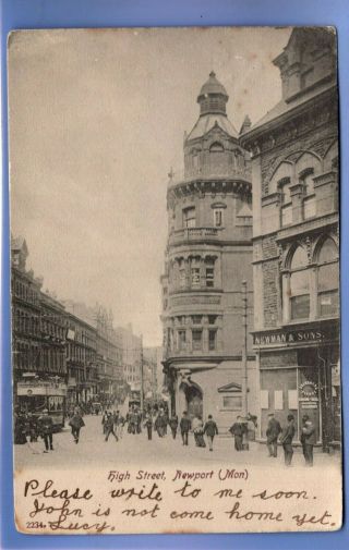 Old Vintage 1903 Postcard High Street Newport Monmouthshire Tram Shops