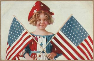 C62 - Patriotic Girl With Us Flags - Old Vintage Postcard