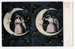 021621 Vintage Paper Moon Romance Postcard Spooning In The Moon Udb