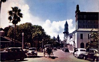St Augustine Fl Street Scene With Old Cards Postcard 1940s/50s