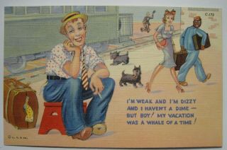 Black Porter At Railroad Station Depot Old 1940s Linen Vacation Postcard