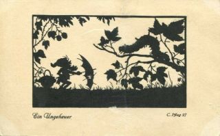 Gnome Meets Caterpillar Old Silhouette Postcard Signed Pflug