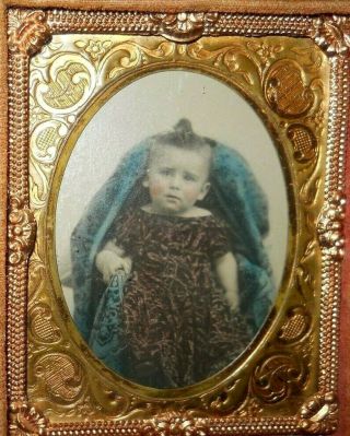 1/9th Size Tinted Tintype Of Young Child In A Half Case