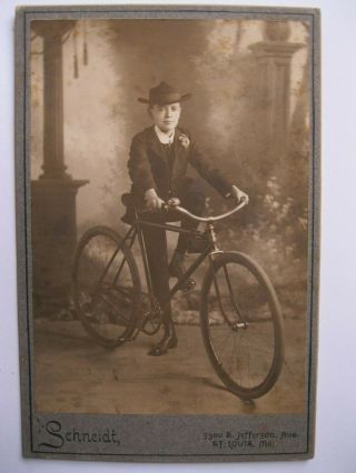 Vintage Cabinet Card Photo Boy With Hat On Bicycle By Schneidt St.  Louis,  Mo.