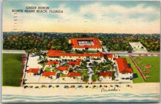 Vintage 1946 Miami Beach,  Florida Postcard Green Heron Hotel Linen W/ Cancel
