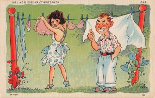 Comic Old Linen Postcard - Artist Ray Walters - Sexy Lady Hanging Laundry On Line