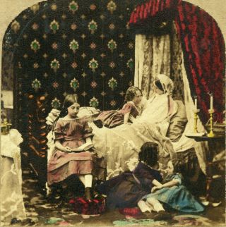 Stereoview Photo Early Tinted Mother In Bed With 4 Daughters Hold To Light Htl