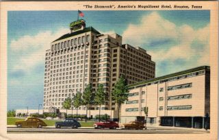 Shamrock Hotel Houston Tx Vintage Cars Old 1930s Linen Advertising Postcard D8