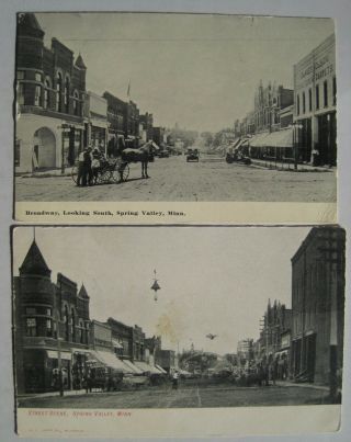 2 Spring Valley Mn Old Early 1900s Postcards Broadway; Street Scene; Near Wykoff