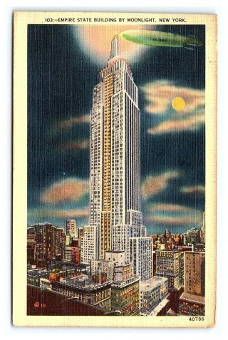 Vintage Postcard Empire State Building Moonlight Zeppelin York City B1
