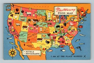 Advertising Linen - Fred Harvey Hotel - Food Map Of Usa,  Vintage C1950 Postcard