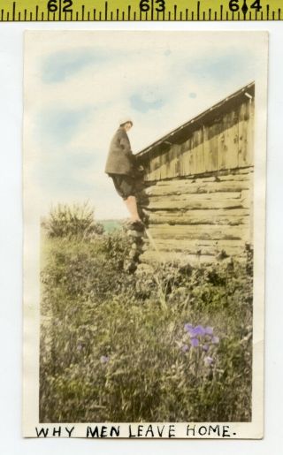 Vintage 1921 Tinted Photo / Strange Woman Loves Cabin Roof - Why Men Leave Home