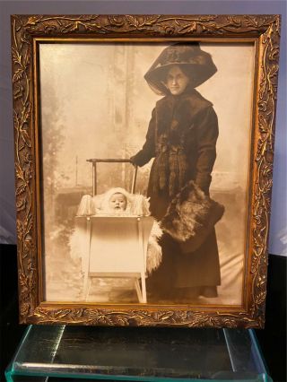 Early Victorian Antique Black And White Photo Woman With Baby In Rocker Cradle