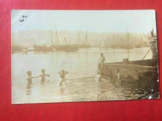 " Water Rats " Skinny - Dipping In The Harbor 1905 Rppc Boys Whitby England Bathing