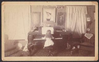 Little Girl Playing Grand Piano In Victorian Parlor - Antique 8x5 Cabinet Photo