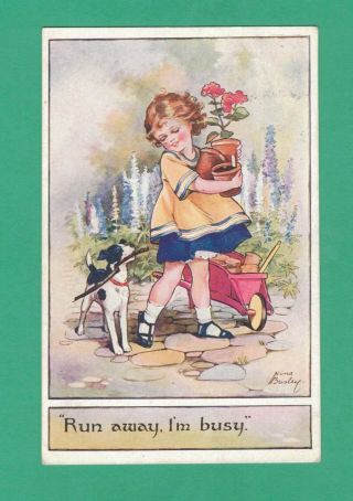 Vintage Nina Brisley Art Postcard Girl Gardener Cart Flower Pots Dog With Stick