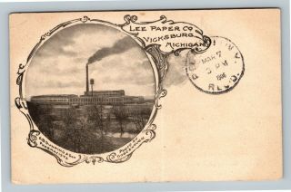 Vicksburg Mi,  Lee Paper Mill Co. ,  Dunning Pharmacists,  Vintage Michigan Postcard