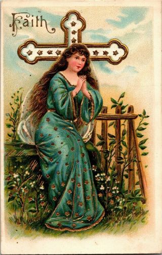 Virtues Faith Embossed,  Gilded Vintage Postcard C21