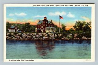 Put - In - Bay Oh,  The South Bass Island Light House,  Vintage Linen Ohio Postcard