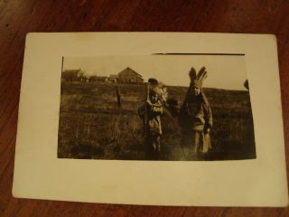 Old Vintage Rppc Photo Postcard Boy Girl On The Farm Dressed As Indians