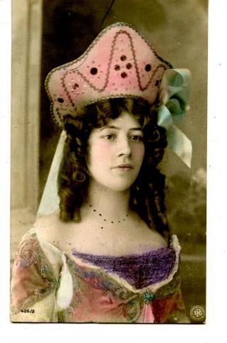 Pretty Young Lady - Hand Tinted Ornate Dress - Hat - Rppc - Vintage Real Photo Postcard