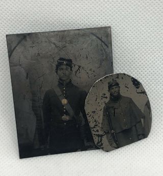Antique Civil War Soliders Tintype In Uniform W Musket Gold Paint