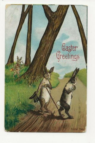 Antique Vintage Postcard: Easter Greetings - Cupid Bunny,  Top Hat Bunny & Stick