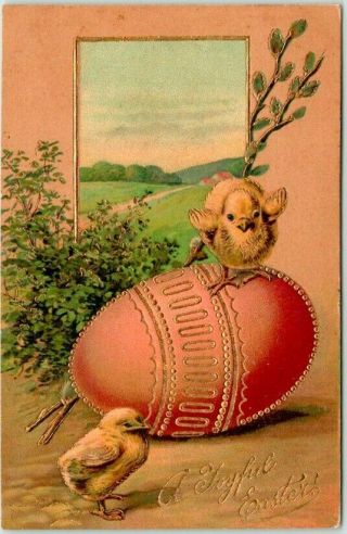 Vintage 1910s Pfb Embossed Easter Greetings Postcard Baby Chicks / Big Pink Egg