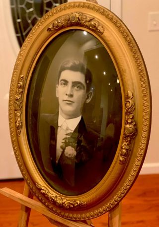 Fabulous Pre - 1920’s Portrait Of Male - Ornate Antique Gold Oval Frame.