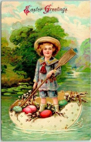 Vintage Easter Greetings Embossed Postcard Girl Paddling Egg Boat C1910s
