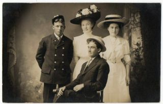 011221 Vintage Rppc Real Photo Postcard Two Couples Women Great Hats Man Uniform