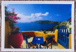 Greek Old Photo Postcard Greek Island Santorini Local Courtyard Volcano Seaview