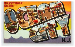 Vintage Postcard 1952 Ocean City Nj Big Letters Greetings Multi View Beach