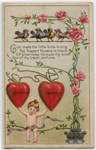 031021 Lovely Vintage Valentine Postcard Cupid Hearts And Little Birds